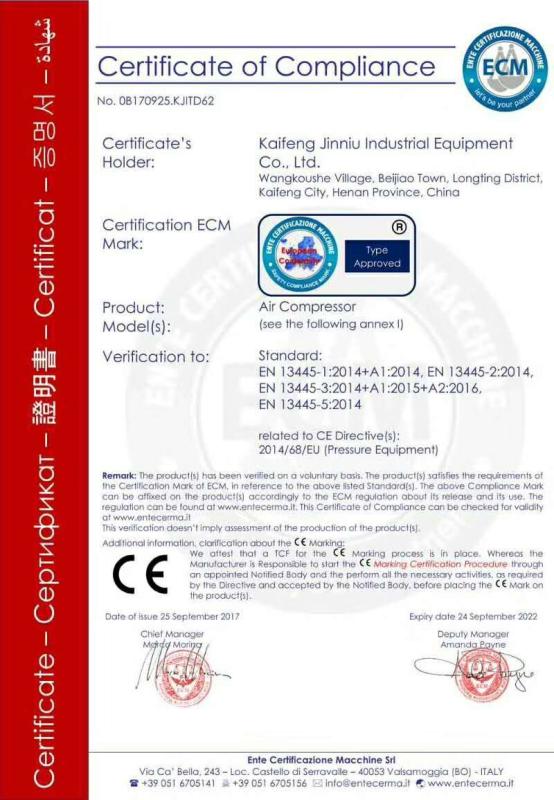 certificate of compliance - Kaifeng Jinniu Industrial Equipment Co., Ltd