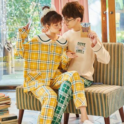 China Spring and Autumn Wear Cotton Pure Satin Breathable Soft Lovely Long Sleeve Couples Pajamas Set Casual Pajamas for sale