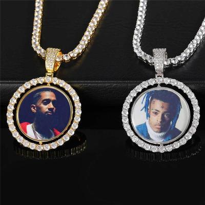 China Vintage Personalized Photo Frame Necklace Rotating Disc Pendant Micro Paved CZ Diamond Custom Two Sides Memory Picture Necklace for sale