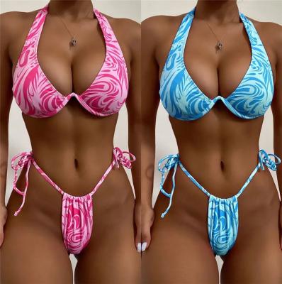 China Factory wholesale plus size two piece swimsuits print sexy halter lace up fashion bikini women for sale