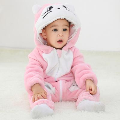 China Eco-Friendly Winter Breathable Flannel Infant Hooded Baby Animal Print Rompers for sale