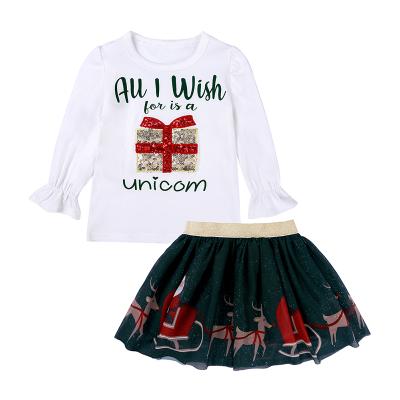 China New Style Casual Kids Clothes Girl Skirt Sets Girls Christmas Sequins Long Sleeves Tops Christmas Print Skirt 2pcs Girls Costume for sale