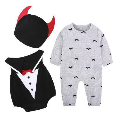 China 2021 Breathable Overalls + 3 Piece Cartoon Cute Baby Halloween Costume Bat Hat Clothes Set for sale