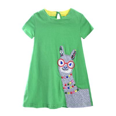 China Breathable Appliques Cotton Kids Clothing Girls Green Short Sleeves Dress For Summer for sale