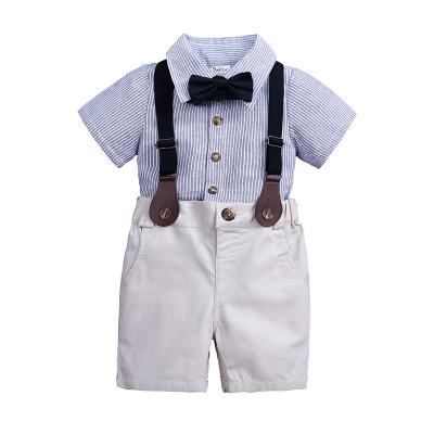 China Summer Anti-Static Kids Boy Sportswear Sets Cotton Short Sleeve Bow Tie Tops And Suspender Shorts Kids Gentleman Suit for sale