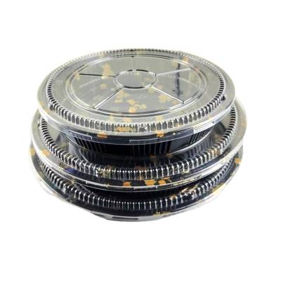 China Disposable Black Chassis Round Food Packaging Plastic With Lid Disposable SUSHI T RAYS for sale