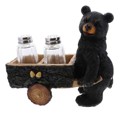 China Sustainable Rustic Kitchen Decor Salt and Pepper Shaker Sets Bear with Cart for sale