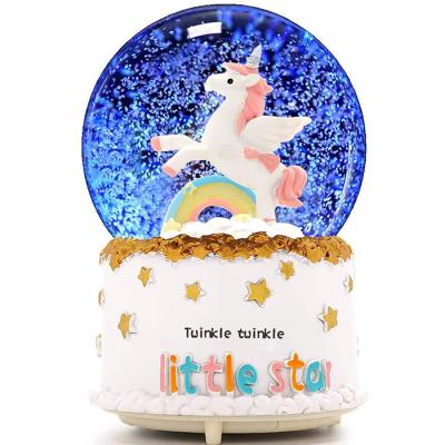 China Africa 100mm Unicorn Snow Globe Music Box Home Decoration for Kids for sale