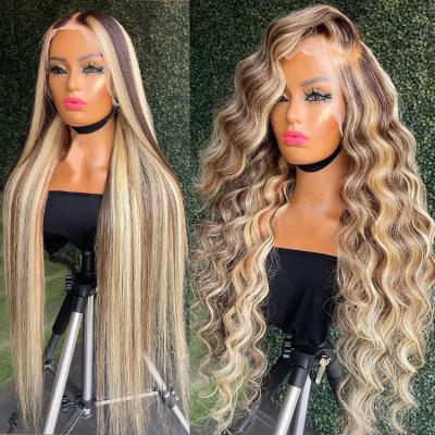 China Cuticle Aligned Human Hair Lace Front Wig 100% Unprocessed Brazilian Raw Swiss Straight Body Wave Lace Headband Wig Highlight Color for sale