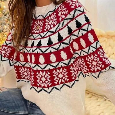 China Anti-pilling Geo Pattern Drop Shoulder Sweater Knitted Sweater Pullover Women's Sweaters for sale