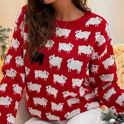 China Anti-pilling Drop Shoulder All Over Sheep Pattern Colorblock Sweater Knitted Sweater Pullover Women's Sweaters for sale