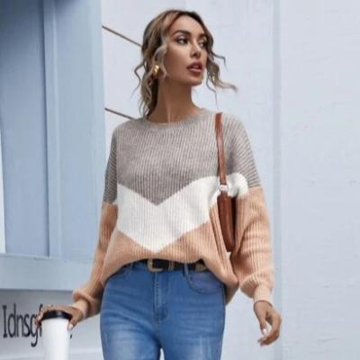 China Autumn Winter Ladies Clothing V line Anti-wrinkle sweater fashion drop shoulder sweater O-neck color matching top for sale