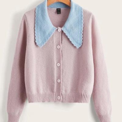 China Anti-pilling Colorblock Peter Pan Collar Button Front Cardigan Knitted Coat Women's Sweaters Cardigan Sweater for sale