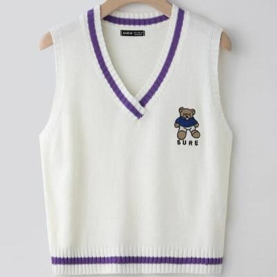 China Anti-pilling Cartoon Bear And Letter Pattern Contrast Binding Sweater Vest Casual Knitted Top Sleeveless Women Vest for sale