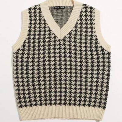 China Anti-pilling V Neck Houndstooth Pattern Sweater Women Vest Sleeveless Vest Knitted Top for sale