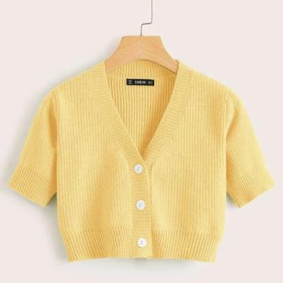 China Anti-wrinkle Summer Women Solid Color High Quality V-Neckline Knitted Tops Sleeveless Short Cardigan Button Knit Casual Short Cardigan for sale