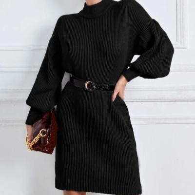 China Anti-wrinkle Women's Lantern Sleeve Sweater Dress Without Belt Loose Sweater Dress Solid Knit Dress Belt Knitted Skirt for sale