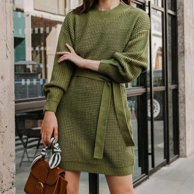 China Anti-wrinkle Women's Drop Shoulder Belted Sweater Dress Solid Knit Dress Belt Knitted Loose Skirt Wool Dress for sale