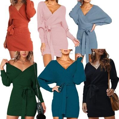 China Anti-Static Women's Cocktail Backless Sexy Batwing Long Sleeve Faux Wrap Knit Sweater Mini Dress for sale