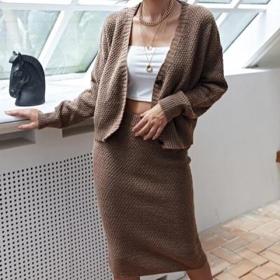 China Anti-pilling Women's Drop Shoulder Single Breasted Cardigan And Skirt Set Knitted Skirt Knitted Suit Women's Sweaters for sale