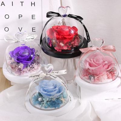 China Creative Decorative Artificial Flower Glass Cover Handmade Rose Flower With Gift Box for sale