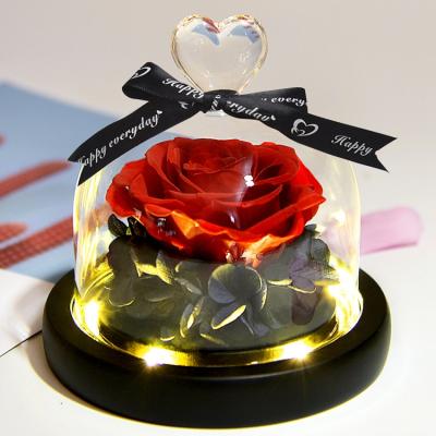 China Glass Cover Handmade Romantic Gift Box Artificial Dry Rose Flower With Led Lights for sale