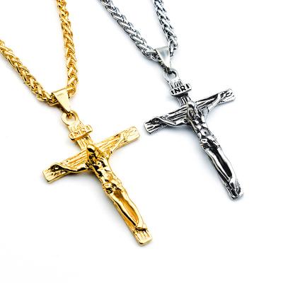 China Fashion Design Jesus Stainless Steel Cross Pendant Necklace Gold Color Catholic Religious Cross Necklace NSM0034 Hotsale for sale