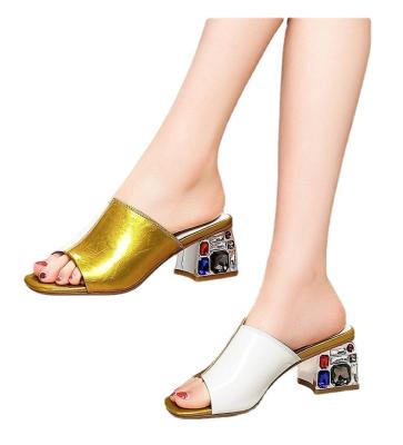 China 2021 Fashion Trend Color Block Heel Medium Sandals Low Top Cool High Heel Slipper Sandals Shoes For Women Girl Female for sale