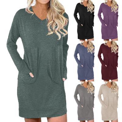 China Anti-wrinkle 2021 Autumn V-Neck Pocket Pullover Casual Skirt T-shirt Women's Long Sleeve Top Loose Oversize Wholesale for sale