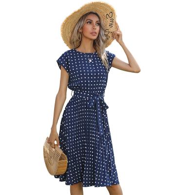 China 2021 Summer Washable Polka Dot O-Neck Short Sleeve Pleated Vintage Midi Dress Women Fashion Dress Elegant Ladies for sale