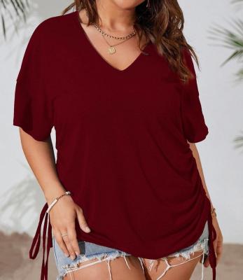 China Anti-wrinkle new 2022 summer V-neck ruffle the solid color short-sleeved T-shirt for sale