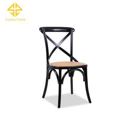 China Modern antique style stacking wood frame wedding event crossback chair with rattan seat for sale