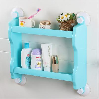 China New Kitchen Plastic Stocked Storage Shelf Rack Wall Sucker/Bathroom Shower Shelf Rack 2 Tier Sotrage Wall Mounted Rack for sale