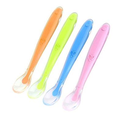 China OEM Sustainable Baby Feeding Spoon Silicone Plastic Toddler Eating Spoons With Soft-Tip Colorful Lovely for sale