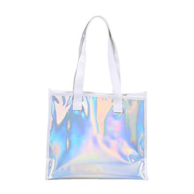 China Logo Supermarket Shopping Gift Bags Custom Portable Waterproof PVC Shoulder Bag Hologram Single Wash Bag Holographic for sale