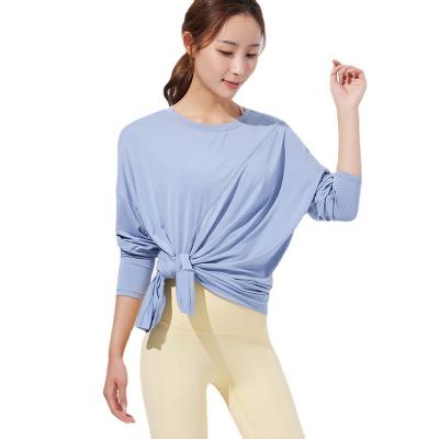 China Breathable Womens Casual Side Split Round Neck T-Shirt Long Sleeve Yoga Wear for sale