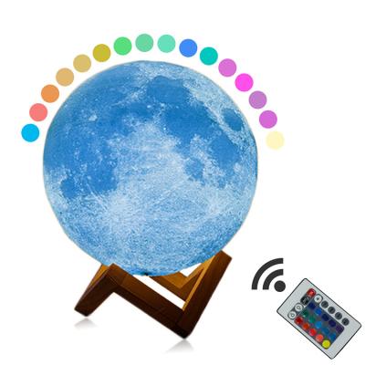 China Novelty Wooden Stand 16 Colors USB Remote Touch Control USB Rechargeable Night Lights Kid Child Gift LED 3D Printing Lunar Moon Lamp for sale