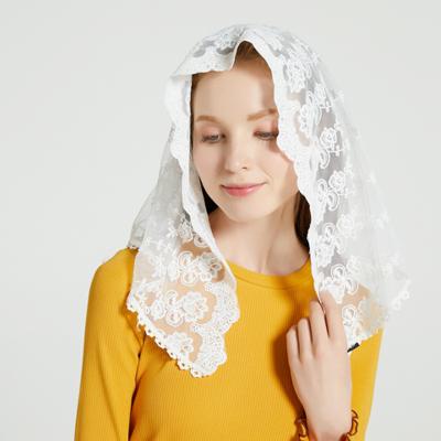 China Polyester D shape lace chapel veil mantilla Christian headcovering for church prayer lace scalloped sash for sale