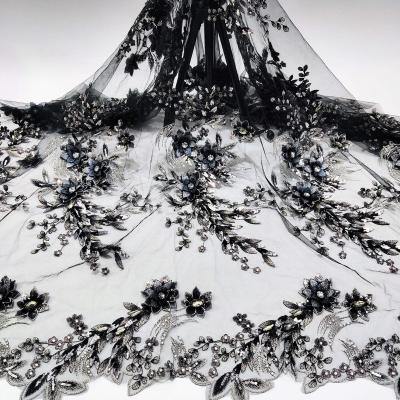 China Breathable Multi Colors Embroidery Diamond DIY 3D Flower Lace Fabric Evening Dress Patches Fabrics for sale