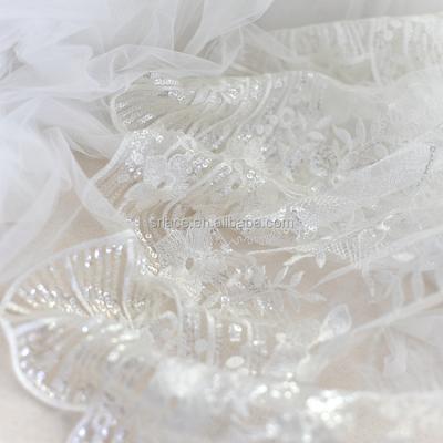 China Sequin Embroidery Wedding Lace Fabric Table Viable White Clothes Dress Lace Fabric for sale