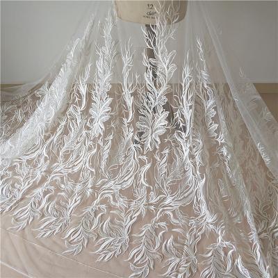 China Breathable Leaves Embroidery Lace Fabric With Sequins For Wedding Curtain Lace Fabric DIY for sale