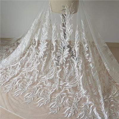 China Viable Tulle Mesh Leaves Embroidery Bridal Wedding Lace Fabric with Sequins for sale