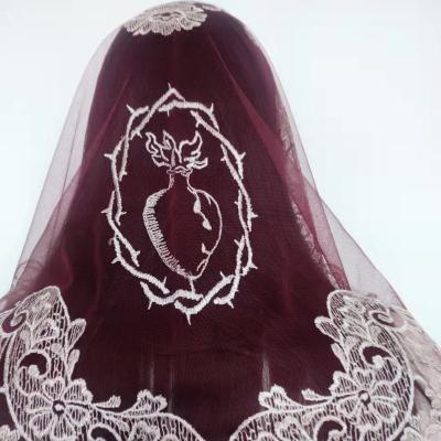 China Polyester Wine Red Embroidery Spanish Lace Mantilla Catholic Veil for sale