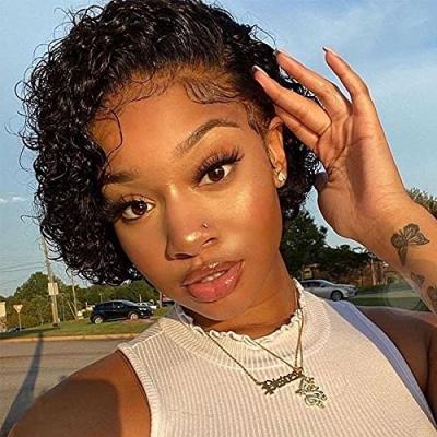 China Short Curly Wig G&T Lace Front Wigs For Preplucked Pixie Cut Kinky Curly Remy Hair 100% Colored Women's Brazilian Hair Short Wig Short Curly Hair for sale