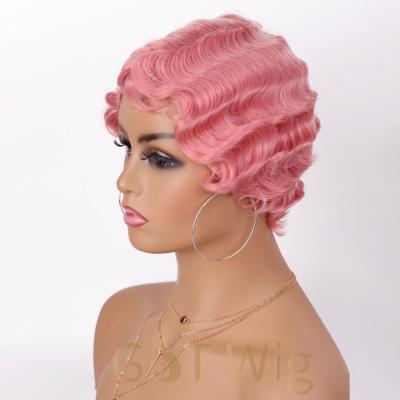 China Wholesale Short Pixie Cut Wigs Full Finger Wave Wig G&T Wig Machine Made Pink Finger Wave Wigs For Black Women for sale