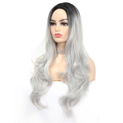 China Silver Gray Wig Long Curly Wavy Straight Bob Wig G&T Synthetic Hair For Women Heat Resistant Fiber (Ombre Color) for sale