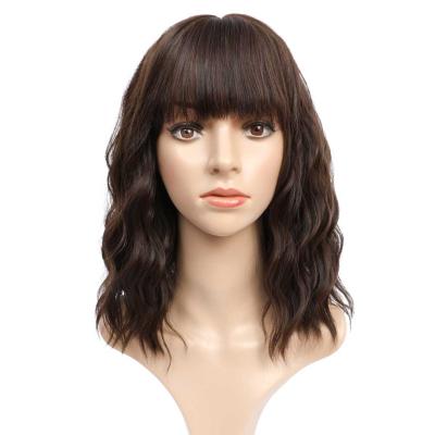 China Bob Wavy Wig G&T Brown Wig With Bangs Bob Wavy Hair Short For Women Shoulder Length Curly Wigs Heat Resistant Fiber (14 Inches) for sale