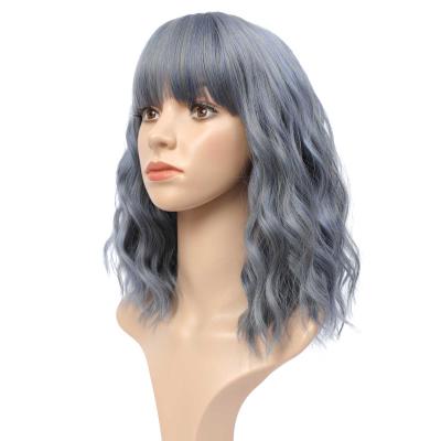 China Bob Wavy Wig G&T Bob Wavy Wig With Bangs Gray Blue Color Short Women Colored Wig Hair Part Heat Resistant Synthetic Halloween Cosplay Use for sale