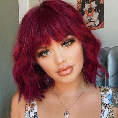 China Red Bob Wavy Wig G&T Wig With Bangs Short Bob Wavy Hair For Women Shoulder Length Curly Wigs Heat Resistant Synthetic Wig for sale