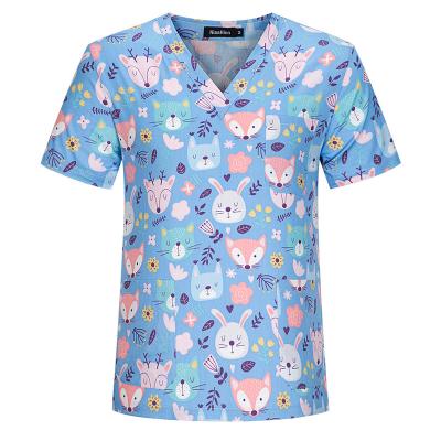 China Manufacturer Eco-Friendly Nurse Uniform Medical Scrubs For Nurses Beauty Salon Care Uniform Print Scrub Tops V-Neck Scrubs Top for sale